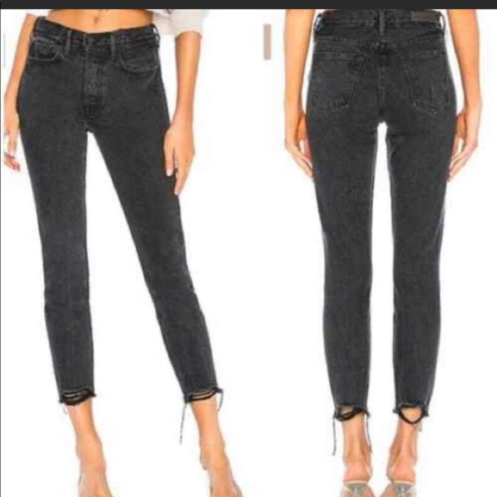 Karolina High-Rise Chewed Hem Jean in Hot stuff size 26 black destroyed denim